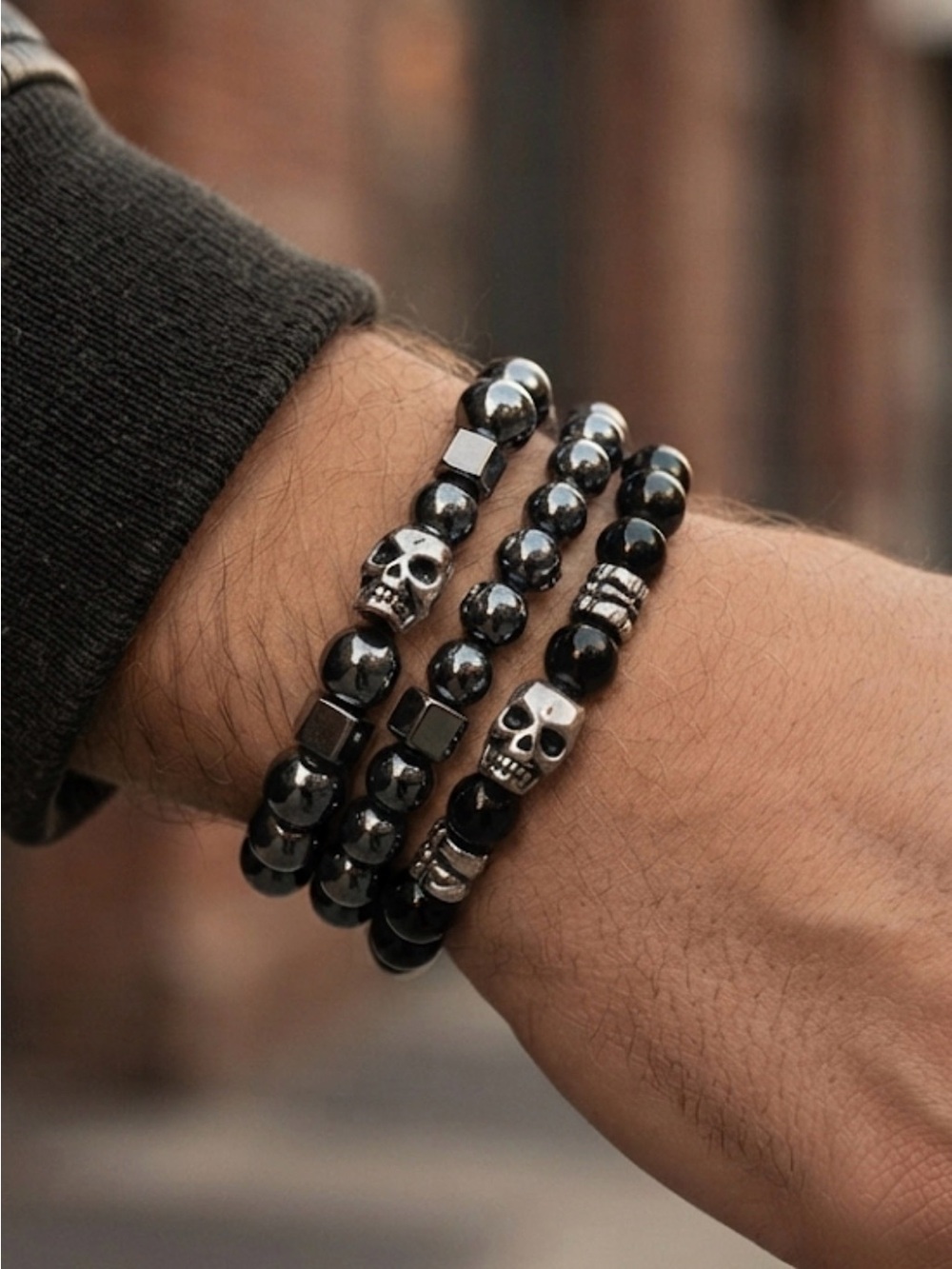 Goth Hematite & skull  set of 3 Bracelets Men Jewelry